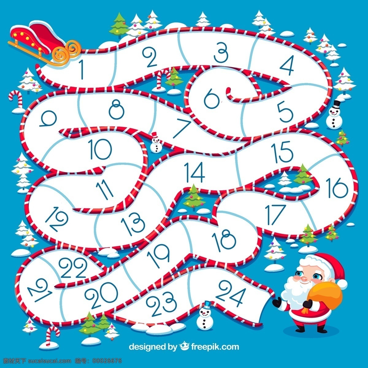创意 圣诞老人 迷宫 月历 矢量图 圣诞节 数字 雪花 雪橇