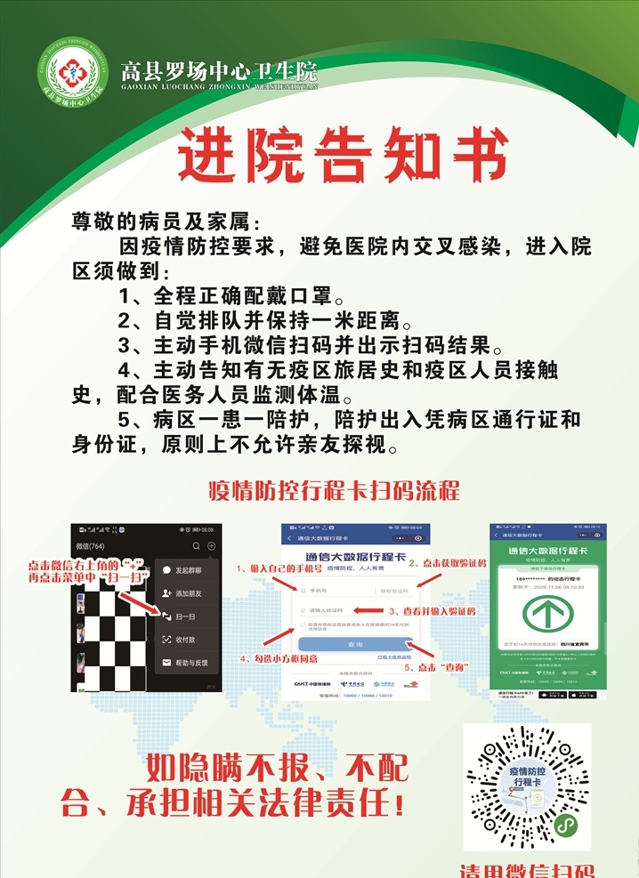 羅 場(chǎng) 中心 衛(wèi)生院 進(jìn) 院 告知 書(shū) 進(jìn)院 告知書(shū) 疫情防控 行程卡 醫(yī)院 標(biāo)志 羅場(chǎng)