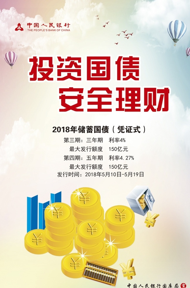 國(guó)債發(fā)行宣傳 柱形圖 金幣 算盤 人民幣 保險(xiǎn)箱 金條 金融 中國(guó)人民銀行 投資國(guó)債 安全理財(cái) 國(guó)債發(fā)行 五彩天空 天空 熱氣球 飛鳥 人行標(biāo)志 商務(wù)金融 金融貨幣