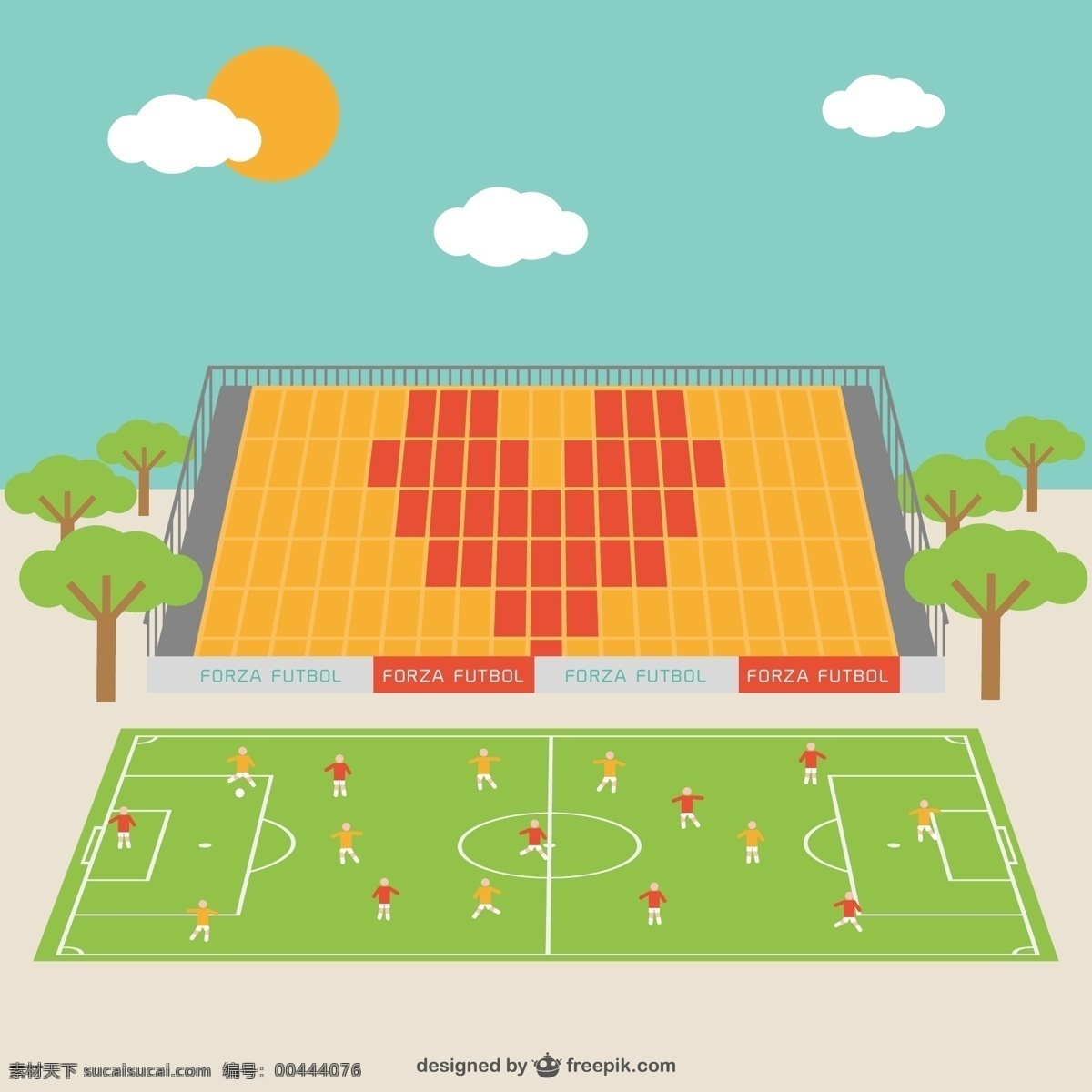 卡通 足球场 插画 矢量图 太阳 云朵 足球 观众席 其他矢量图