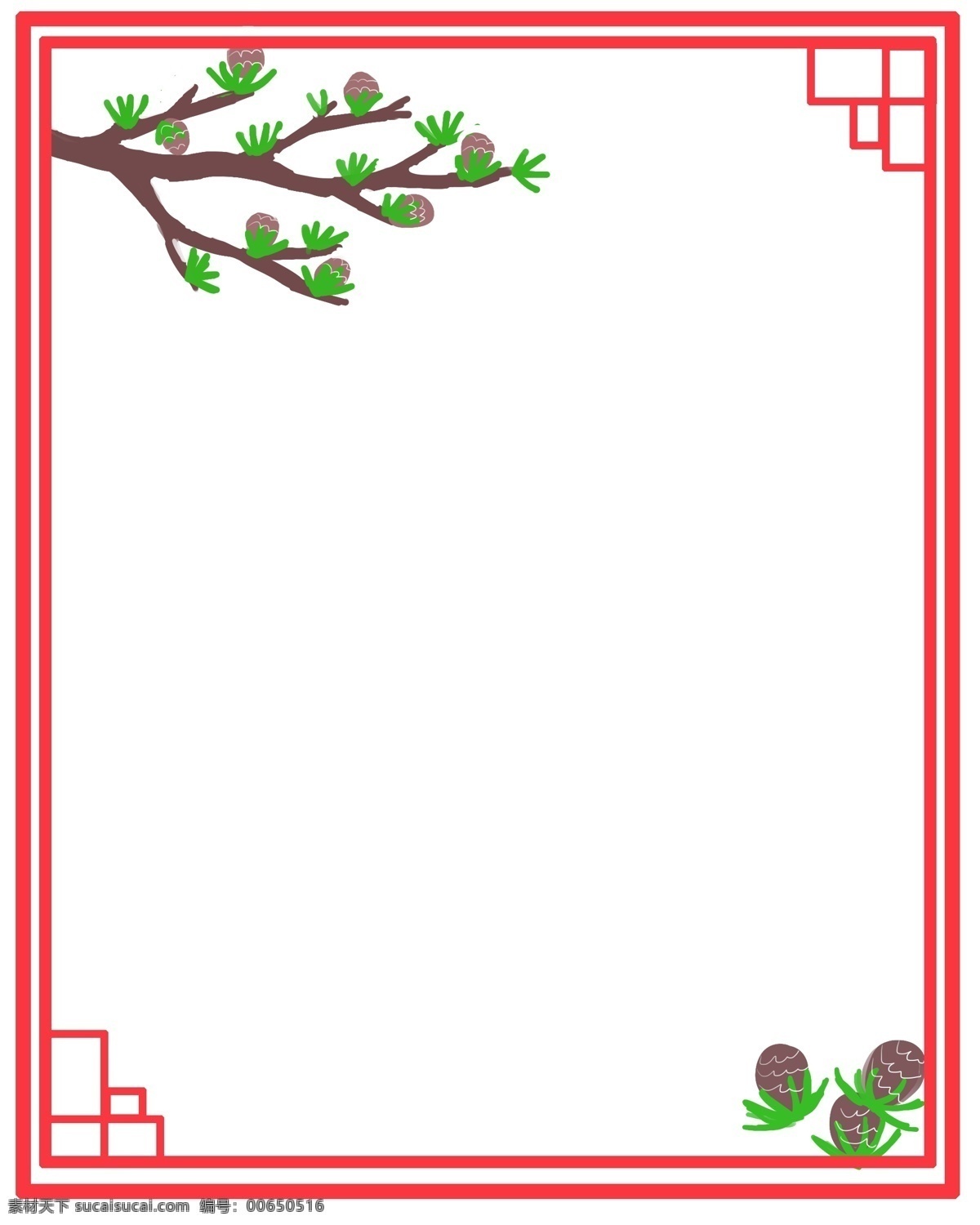 雪 覆蓋 松樹(shù) 枝條 邊框 主體 左上角 右下角 松果 上 綠色 松針 中點(diǎn) 綴 顆 落 滿(mǎn) 白色 雪花 寓意是冬天 瑞雪兆豐年