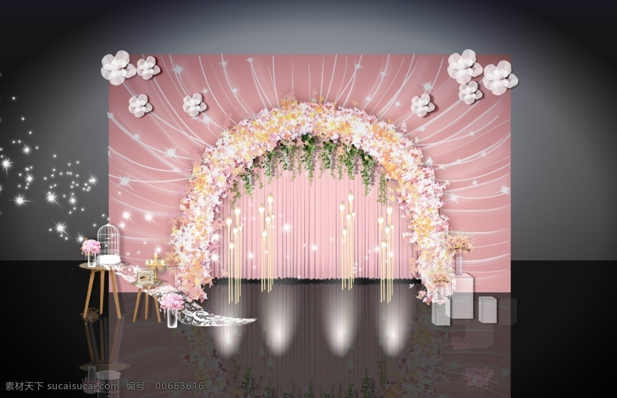 小 清新 粉色 花艺 拱门 迎宾 区 透明 亚克力 方柱 龙珠灯