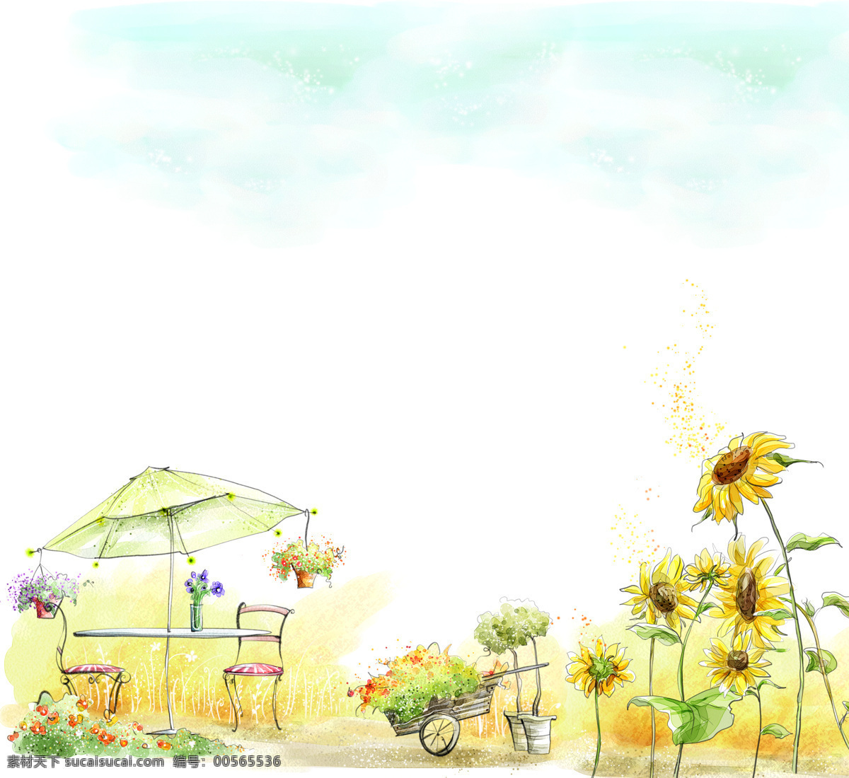 插画 移门 卡通 韩国 梦幻 风景 凉亭 亭子 椅子 向日葵 太阳花 菊花 小车 花瓶 帝歌 移门图案 底纹边框