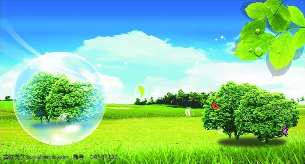 绿色 环保 漂亮风景 树 蓝天 白云 气泡 草地 树叶 绿叶 树林 蝴蝶 风景 展板模板