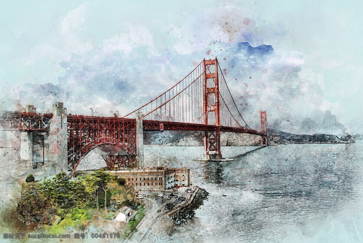 旧金山 金门大桥 水彩画 手绘 建筑物 大桥 桥梁 海峡 天空 云层 云彩 多云 海水 海景 树木 树丛 文化艺术 绘画书法