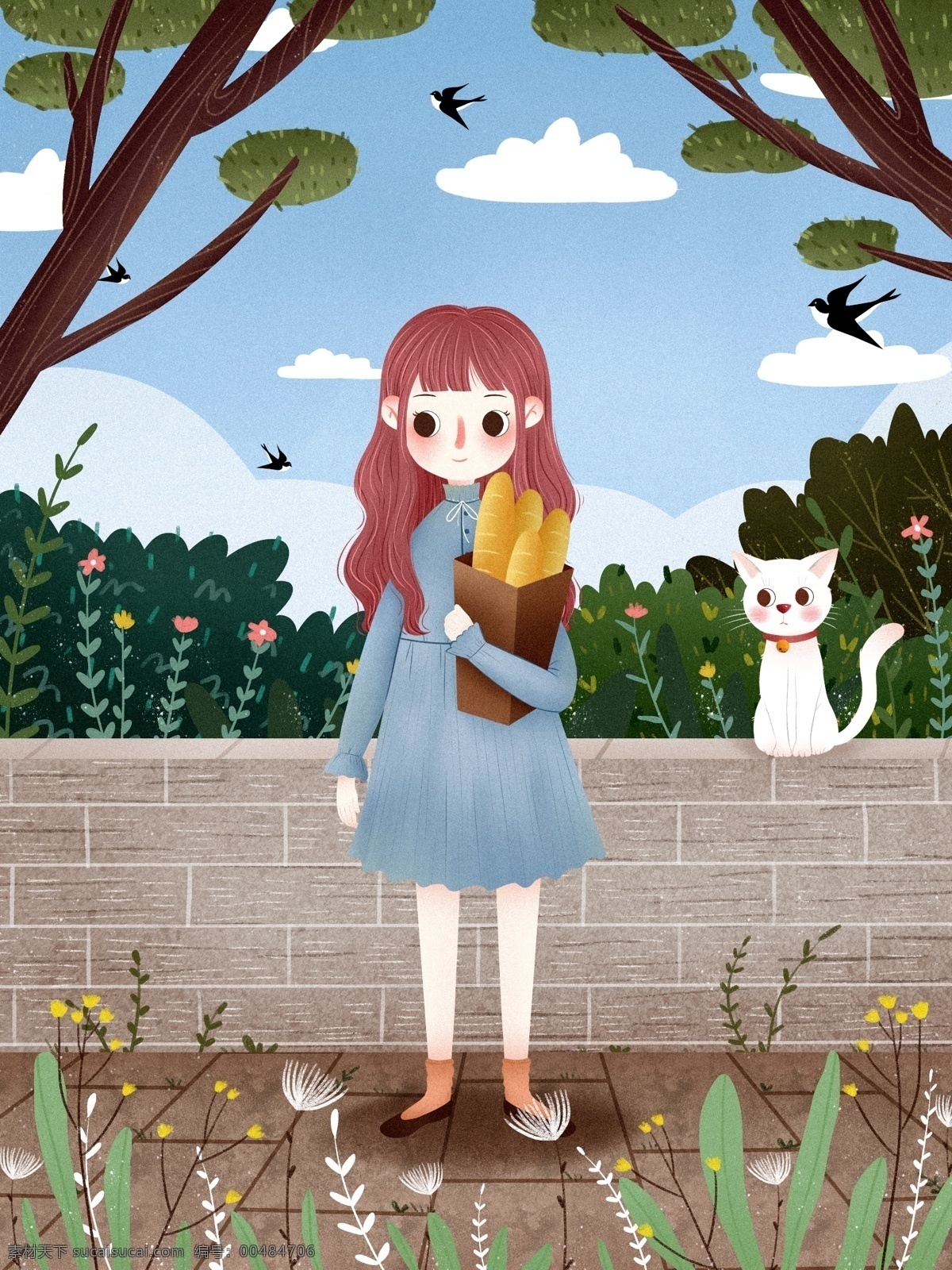 清新 唯美 三月 你好 少女 貓咪 插畫 簡約 旅游 裝飾畫 扁平插畫 春天踏青 插畫設計 插畫背景 設計背景 卡通 手繪 春暖花開 萌 寵