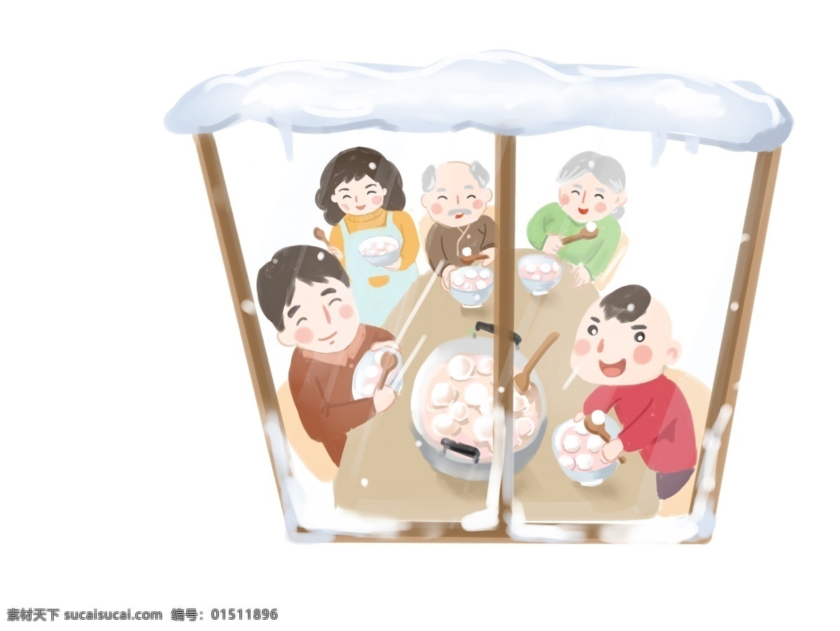 元宵节 窗户 家人 手绘 插画 汤圆 手绘插画 下雪 积雪温馨 小孩 父母 爷爷 奶奶 新年 过年 传统 习俗 温暖