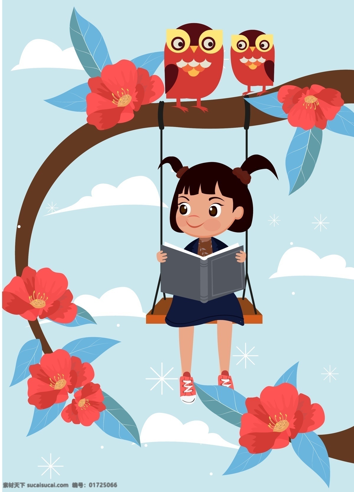 秋千 上 讀書(shū) 女孩 雪花 云朵 創(chuàng)意 樹(shù)木 矢量 高清圖片