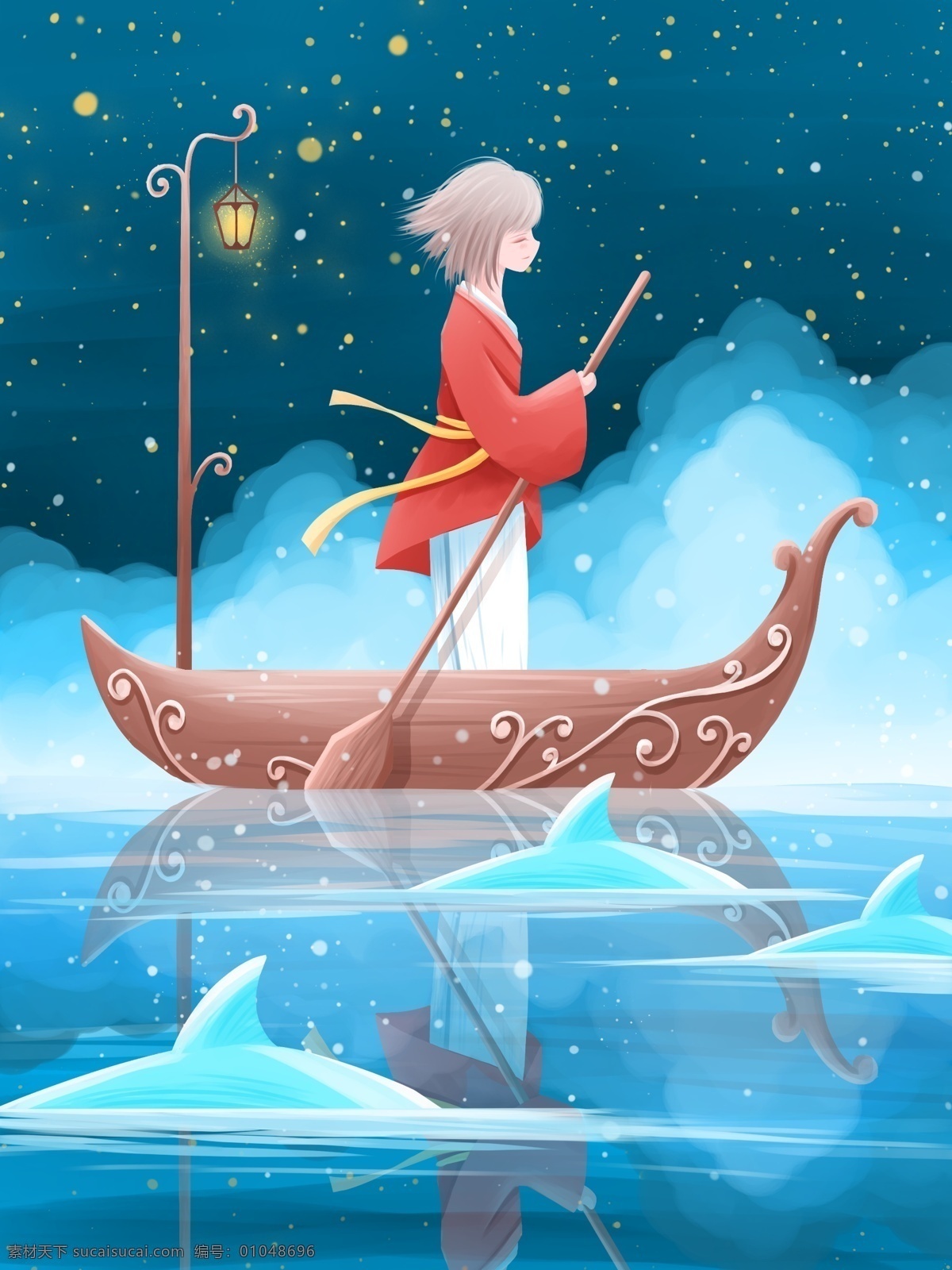 晚安 世界 唯美 治愈 插畫 夜晚 湖中 劃船 女孩 星空 船 燈 清新 壁紙 晚安世界 云霧 水面 鯊魚 小船 背景 日簽