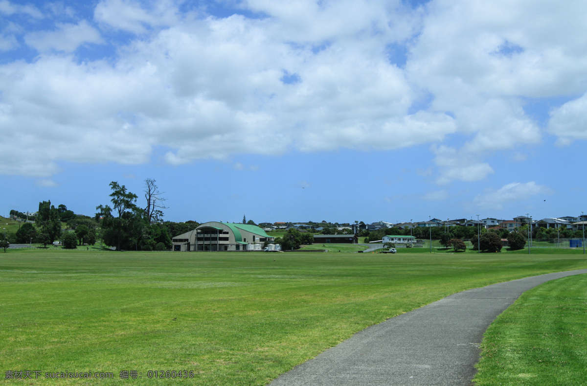 新西兰风景 天空 蓝天 白云 绿树 绿地 草地 建筑群 体育馆 步道 新西兰 海滨 风光 旅游摄影 国外旅游