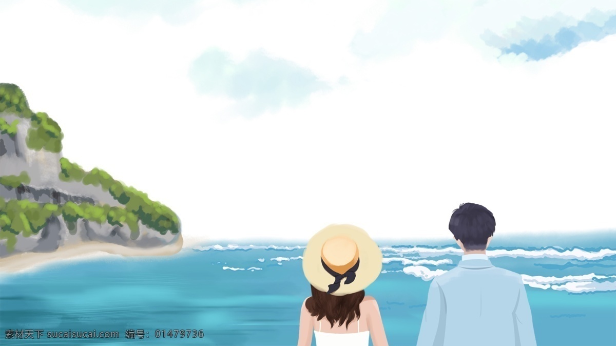 情侶 旅行 看 海 主題 邊框 卡通 海報(bào)插畫 手繪 精美插畫 廣告插畫 小清新 簡約 圖案裝飾設(shè)計(jì) 看海