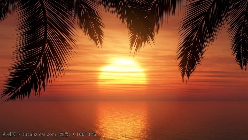 创意 海上 夕阳 风景 矢量 大海 棕榈树叶 倒影 自然 动漫动画 风景漫画