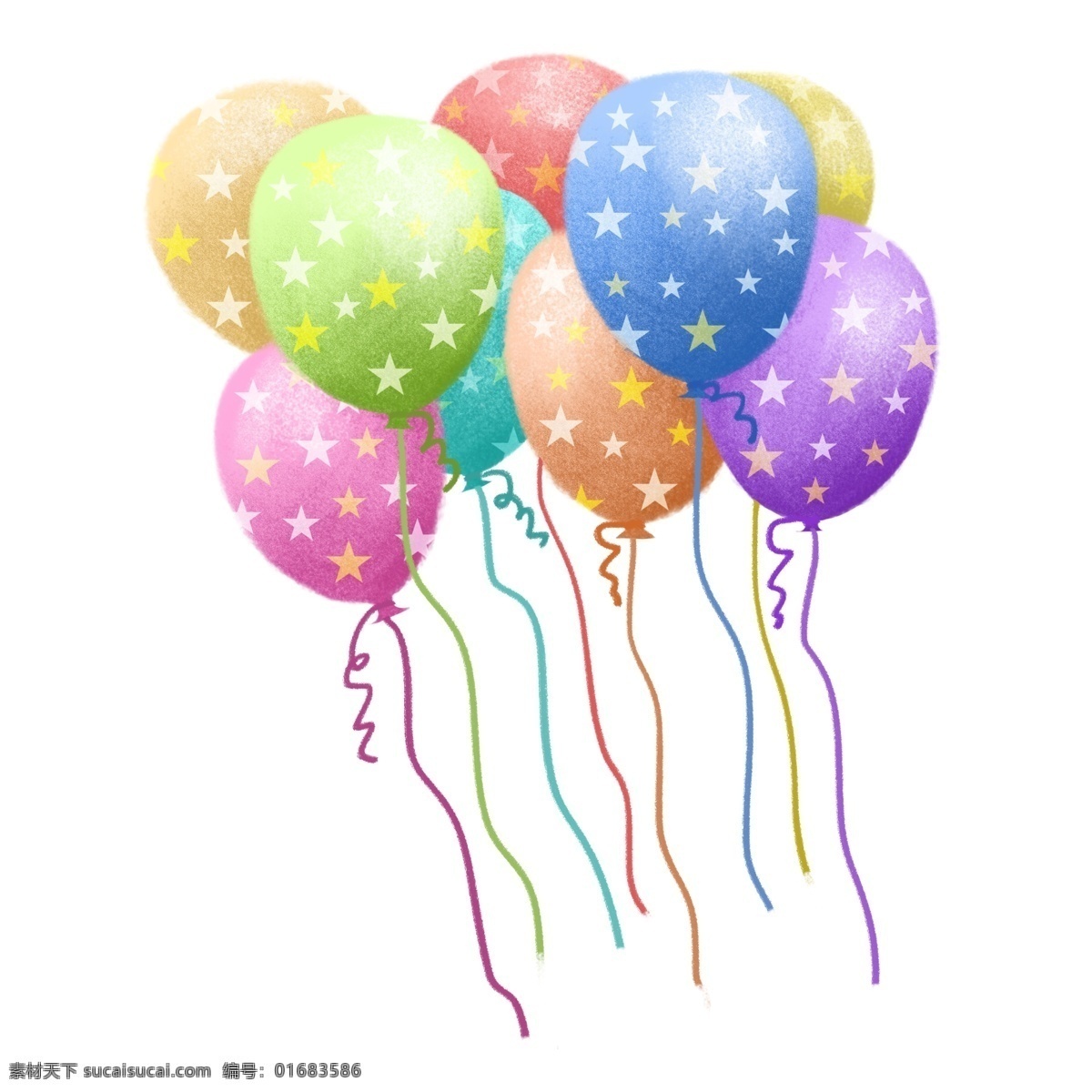 手绘 卡通 风格 彩色 气球 肌理 漂浮 天空 星星 彩带 飞 庆祝 庆生 生日 节日 商务金融 商业插画