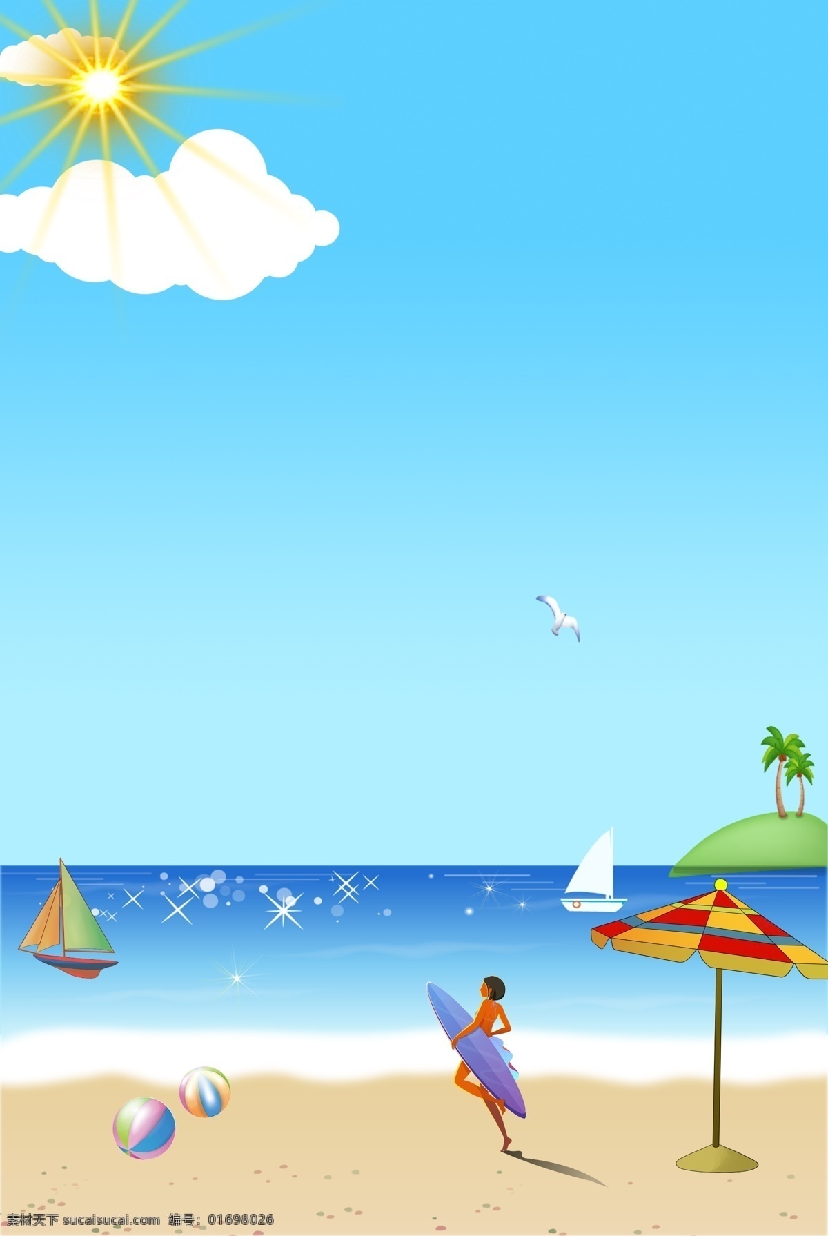 夏日 海滩 冲浪 少女 背景 太阳 船 人 伞 沙滩 云 蓝天 球 树 山坡