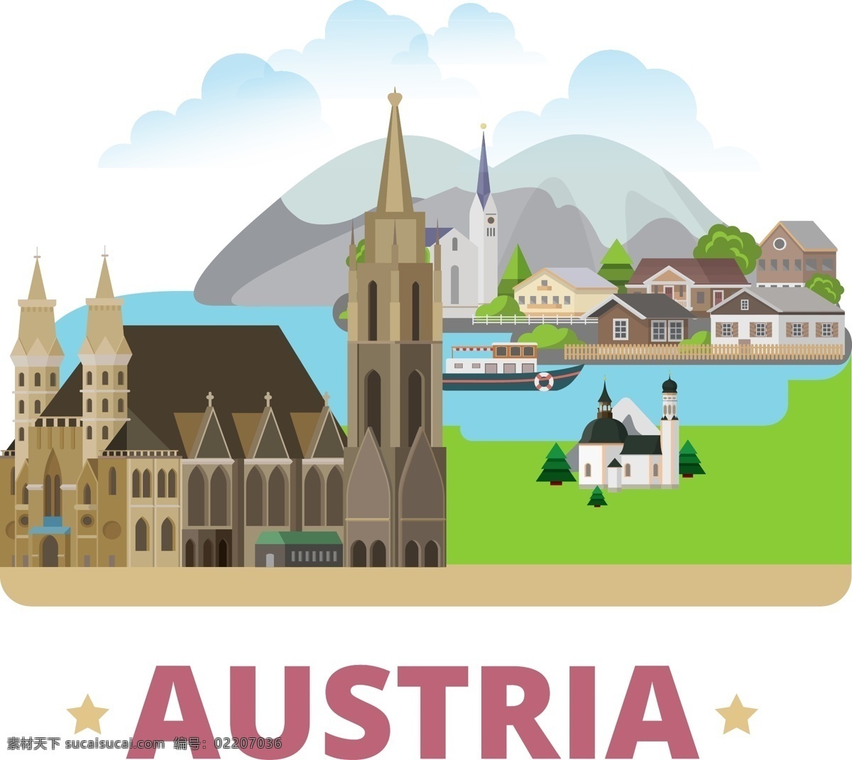奥地利 建筑 风景 插画 旅行 特色 房子 城堡