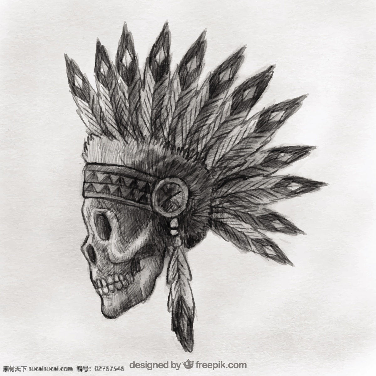 手绘 印第安 人头骨 手 头骨 装饰 印度 绘画 骷髅 羽毛 古董 哥特式 粗略 素描 古老的 本土的 土著的