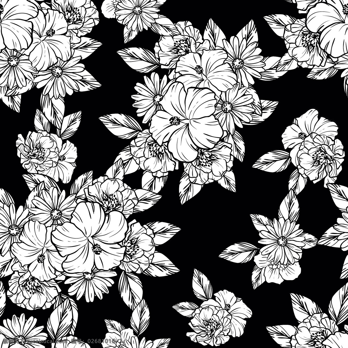 矢量花纹图片 黑白花 碎花 矢量花 植物花 单色花 分层