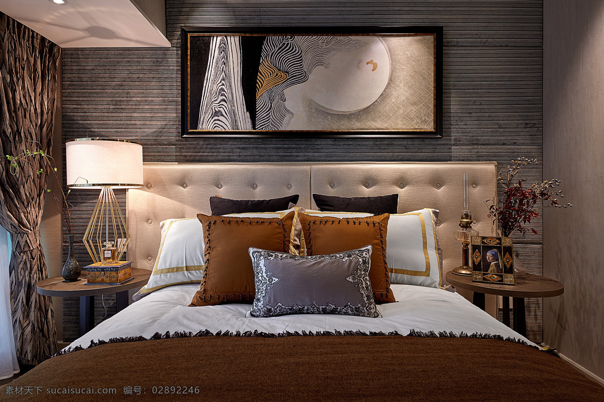 简约 卧室 壁画 装修 效果图 床铺 床头柜 花色窗帘 灰色墙壁 台灯