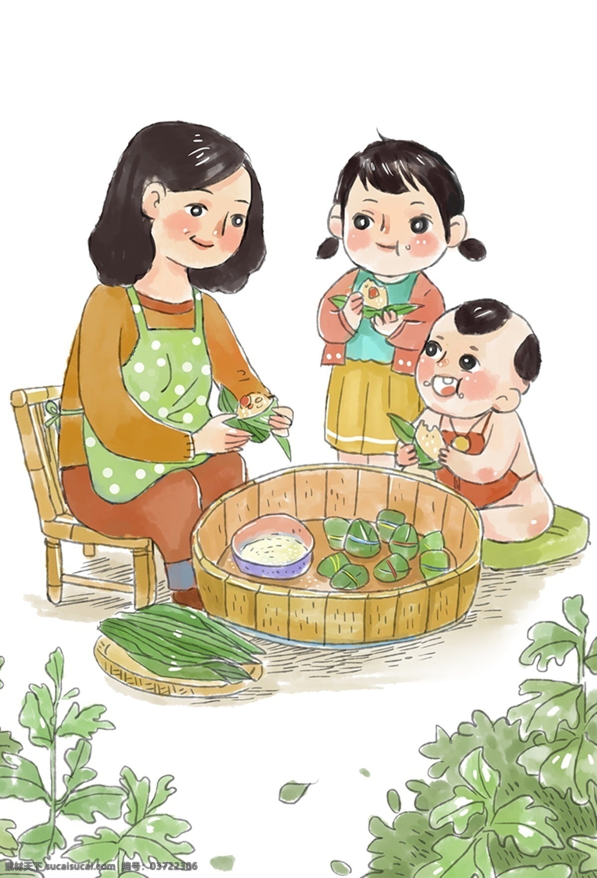 传统 端午节 风俗 插画 元素 童年回忆 包粽子 卡通 民俗风俗 文化民俗