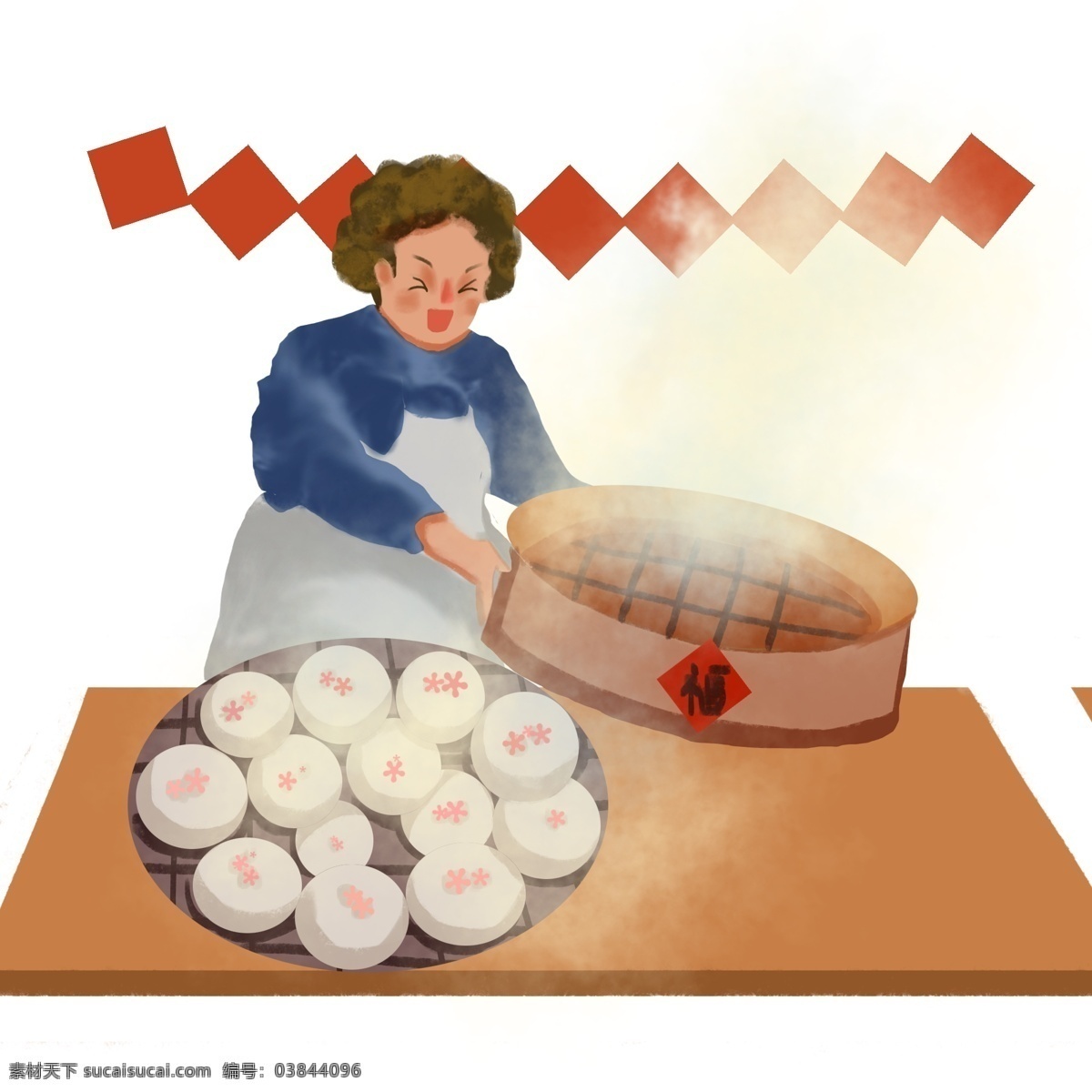大年 蒸 包子 插画 过大年 贺新年 春节 红色的福字 美味的食物 慈祥的妈妈 劳动的妈妈 木桌子