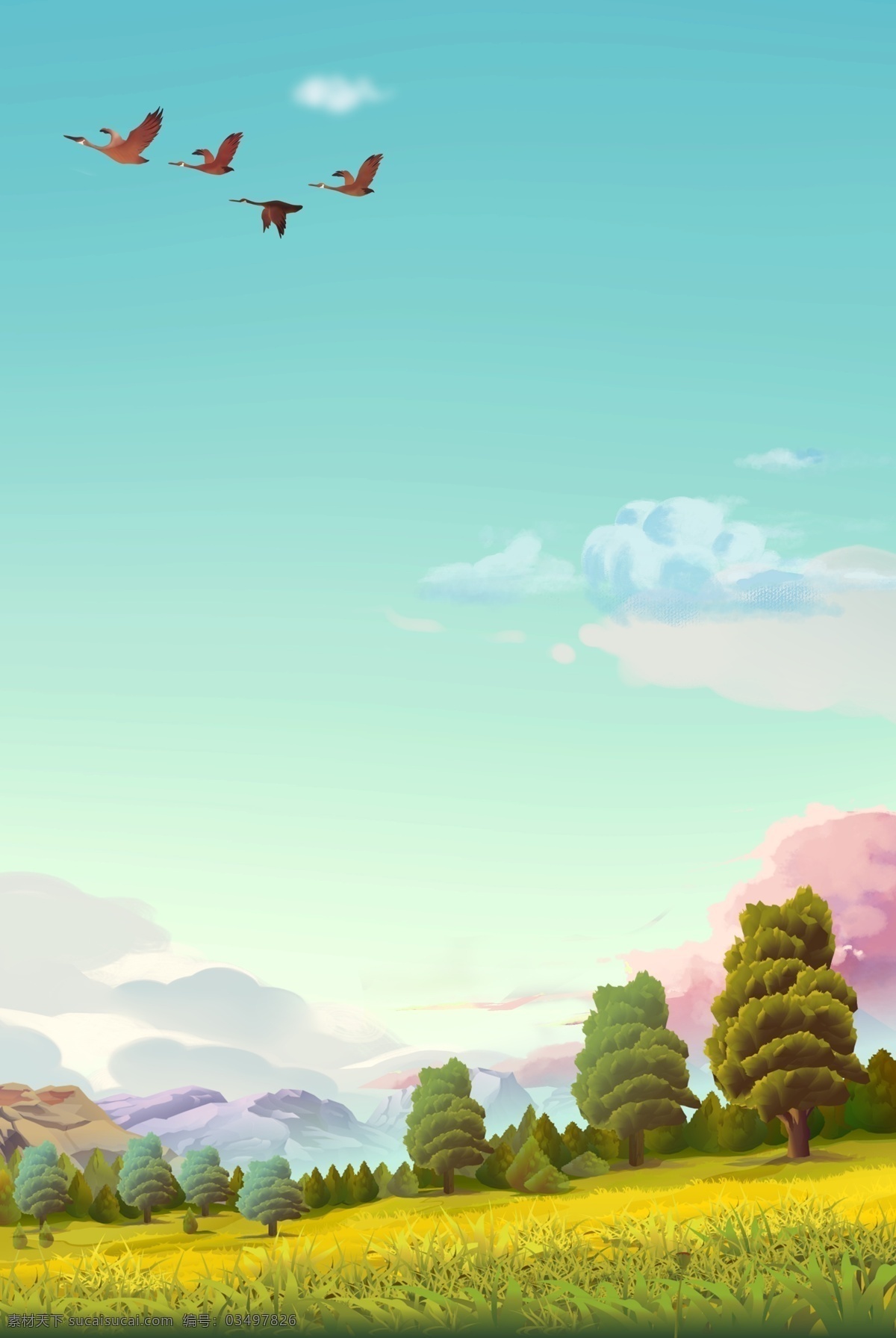 綠色 自然風(fēng)光 創(chuàng)意 背景 合成 自然風(fēng)景 簡約 山 天空 白云 卡通 大雁