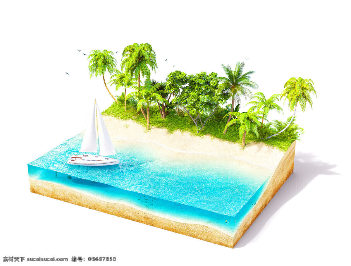 精美 立体 小岛 景色 高清 3d立体 帆船 椰子树 岛屿 创意广告 风景 夏季主题 茅草屋 度假 大海 海水 海浪 树 浪花 白色