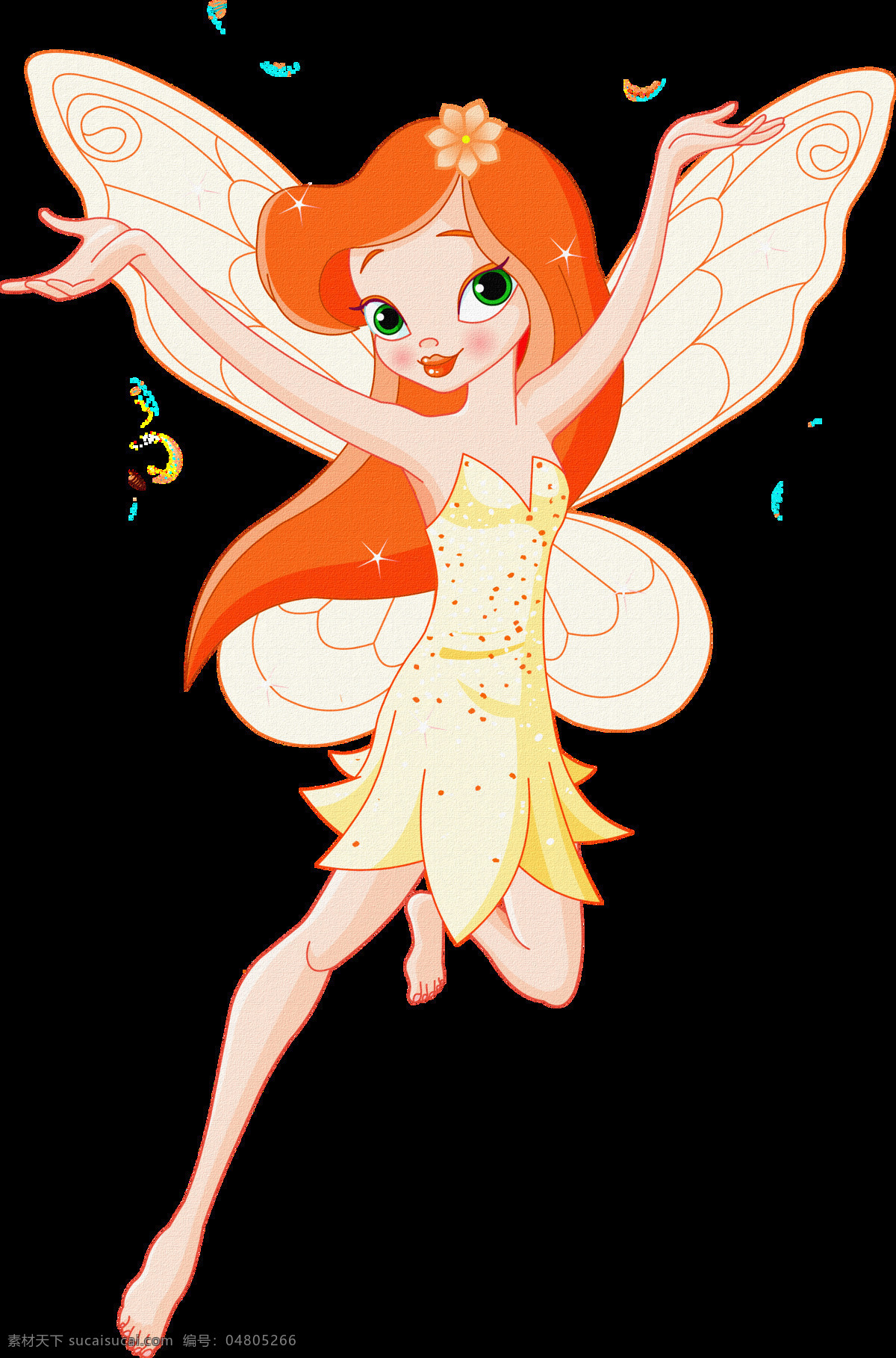 迪士尼 美丽 奇妙 仙子 透明 翅膀 橙色头发 裙子 黄色 透明素材 免扣素材 装饰图片