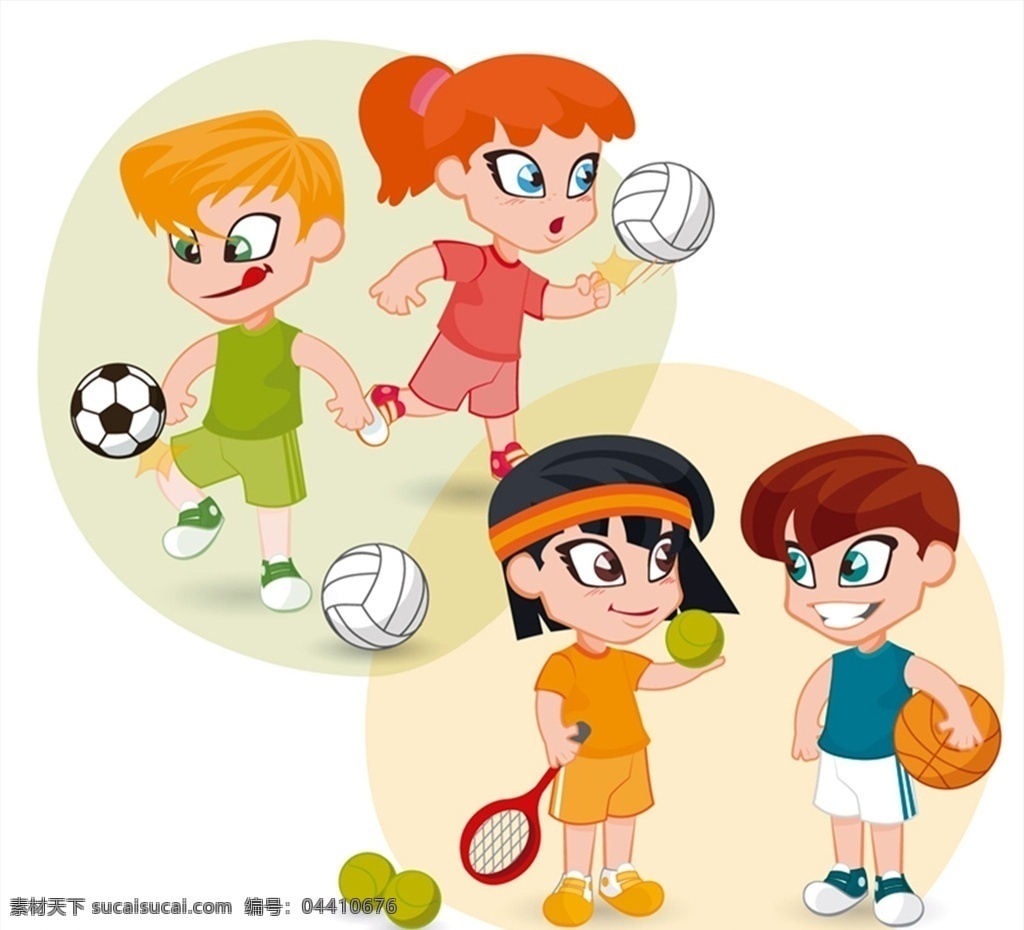 体育运动 儿童 卡通人物 女孩 男孩 排球 足球 矢量 高清图片
