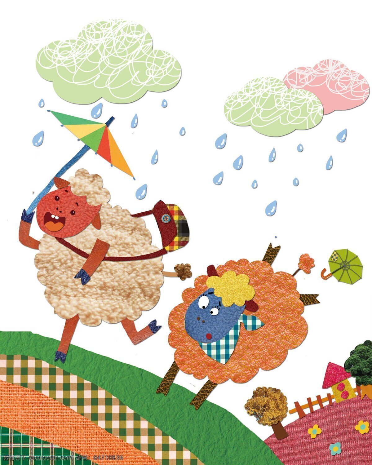 雨 中 即景 背景图片 壁纸 插画 绵羊 牧场 插画集