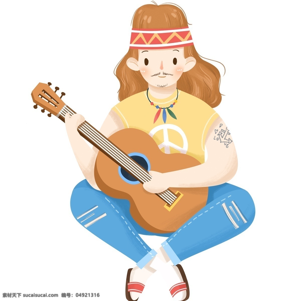 手绘 弹 吉他 艺术 字 中年 男子 卡通 可爱 中年男子 迪克牛仔 弹吉他 插画 人物 部落