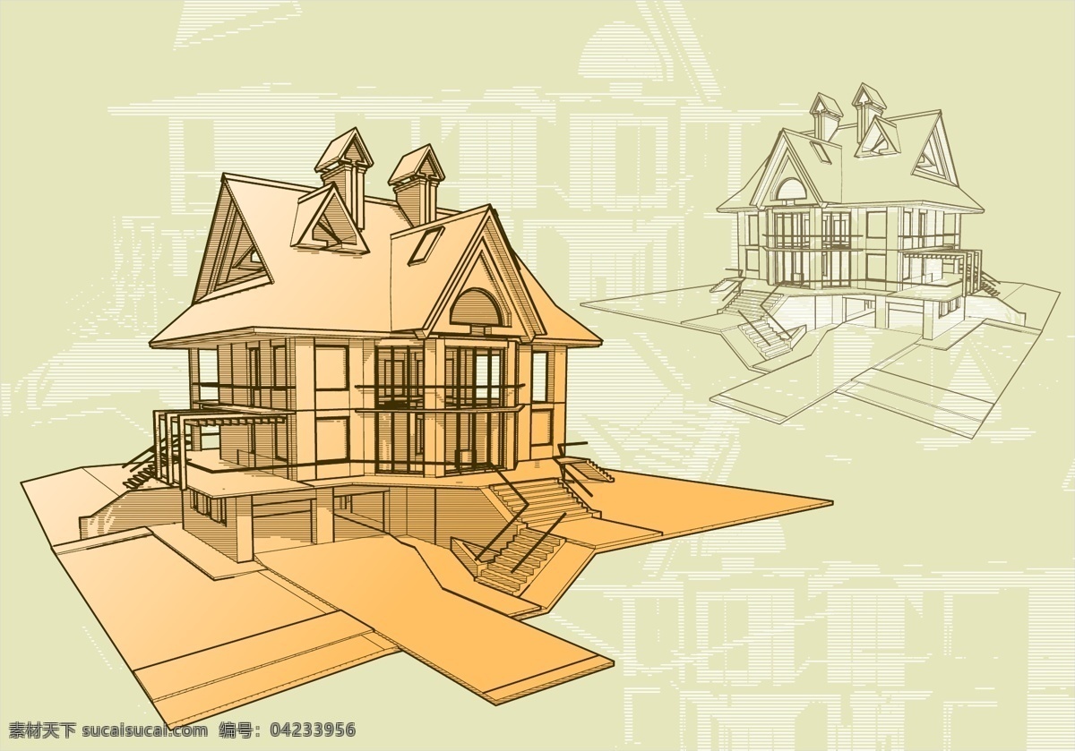 洋房 线 稿 图形 房子 建筑 矢量素材 线稿 线描 矢量图 建筑家居