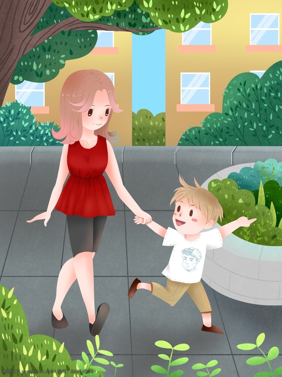 母亲节 母子 温馨 户外活动 手绘 插画 节日 户外 植物 人物
