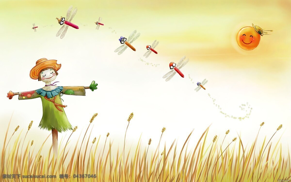 稻草人 稻田 清新 插畫 淡黃色背景 蜻蜓 手繪 太陽 小清新 插畫集