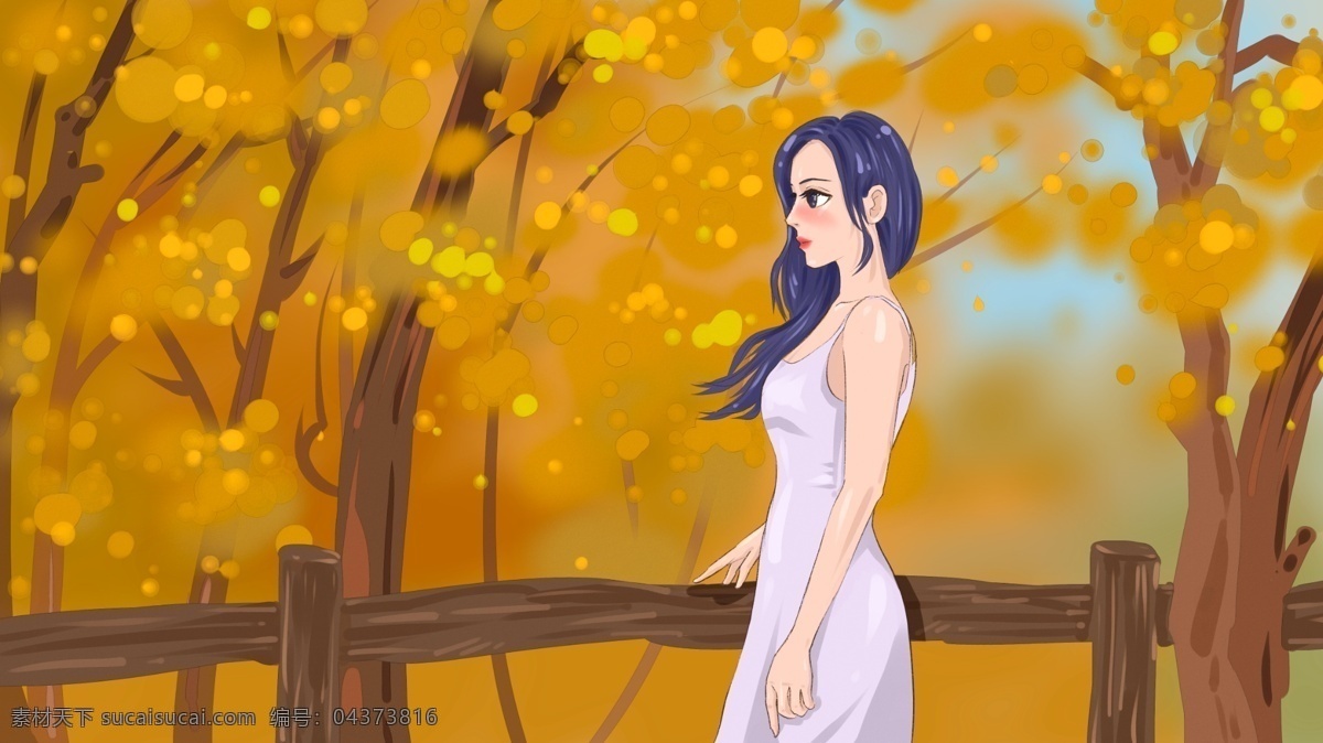 秋天 树林 里 远眺 少女 长发 白裙
