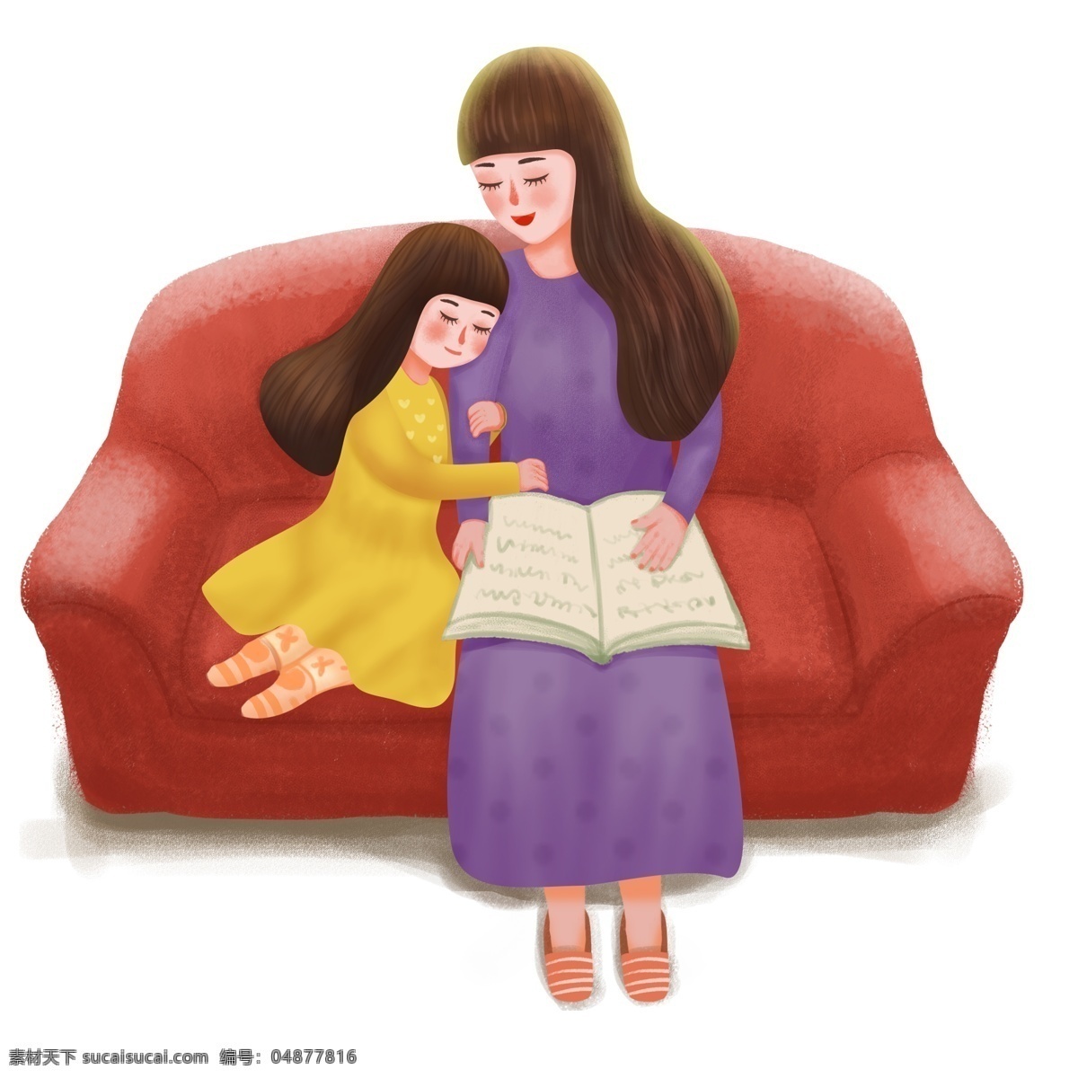 温馨 母亲节 一起 坐在 沙发 上 看书 母女 俩 手绘 卡通 插画 人物 读书 治愈系