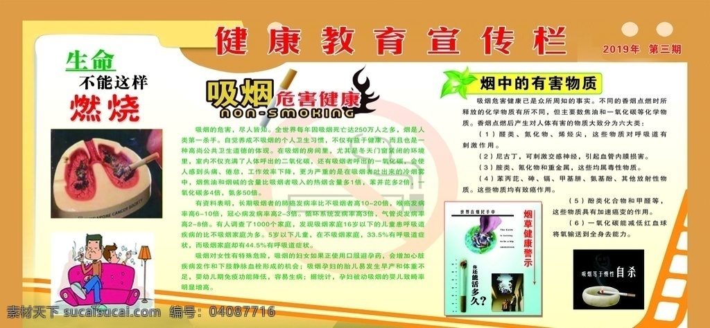健康教育 宣傳欄 健康方面 黃底 簡(jiǎn)單明確 吸煙危害健康 煙中的有害物