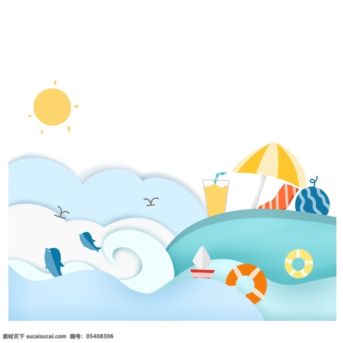 夏天大海边框 夏日 大海 波浪 云 沙滩 遮阳伞 果汁 度假 边框