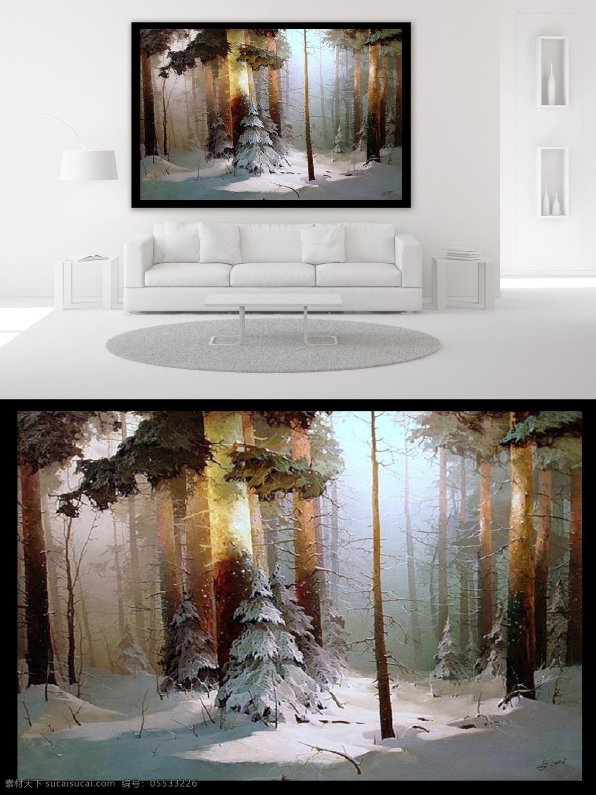 白雪 覆盖 森林 油画 装饰画 手绘 意境 干净 唯美 舒服 动感