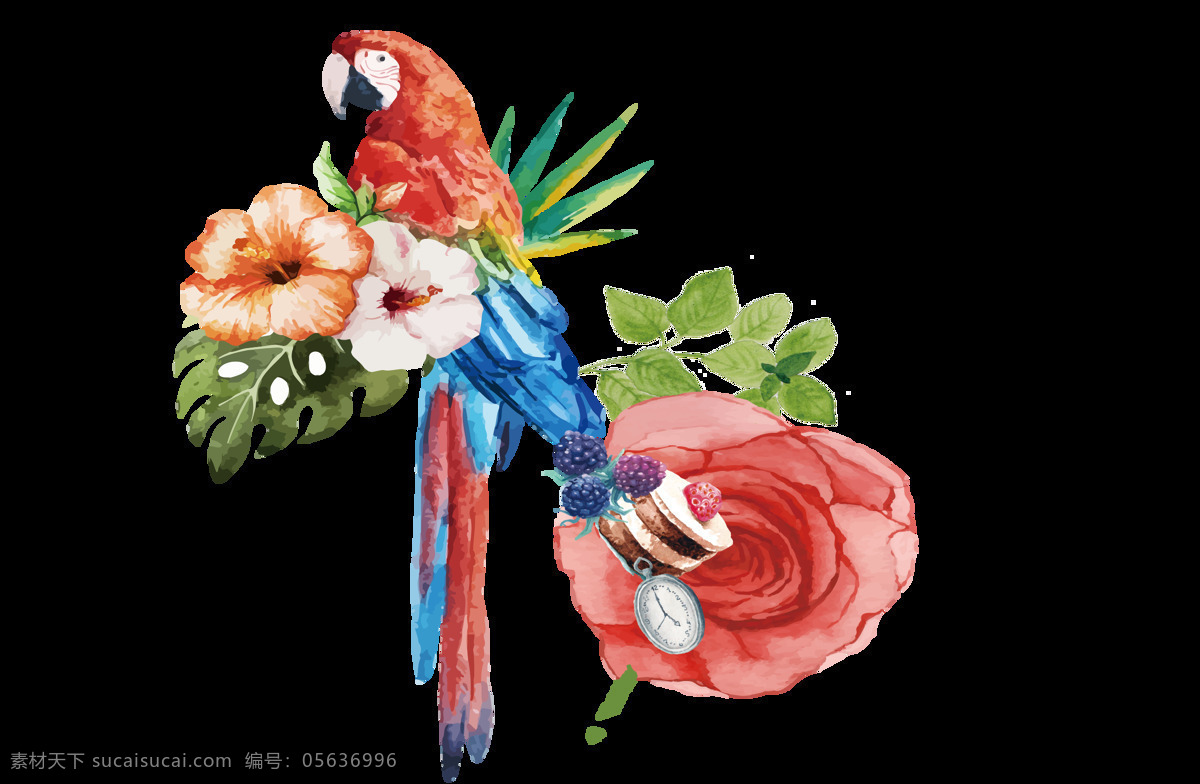 手繪 花鳥 圖 元素 中國風 水墨畫 花朵 綠葉 花鳥圖 鸚鵡 png元素 免摳元素 透明元素
