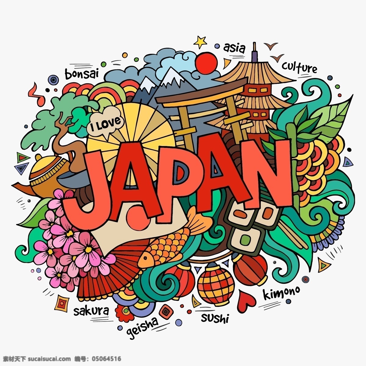 日本 风 插画 波浪 灯笼 富士山 海浪 红日 矢量 高清图片