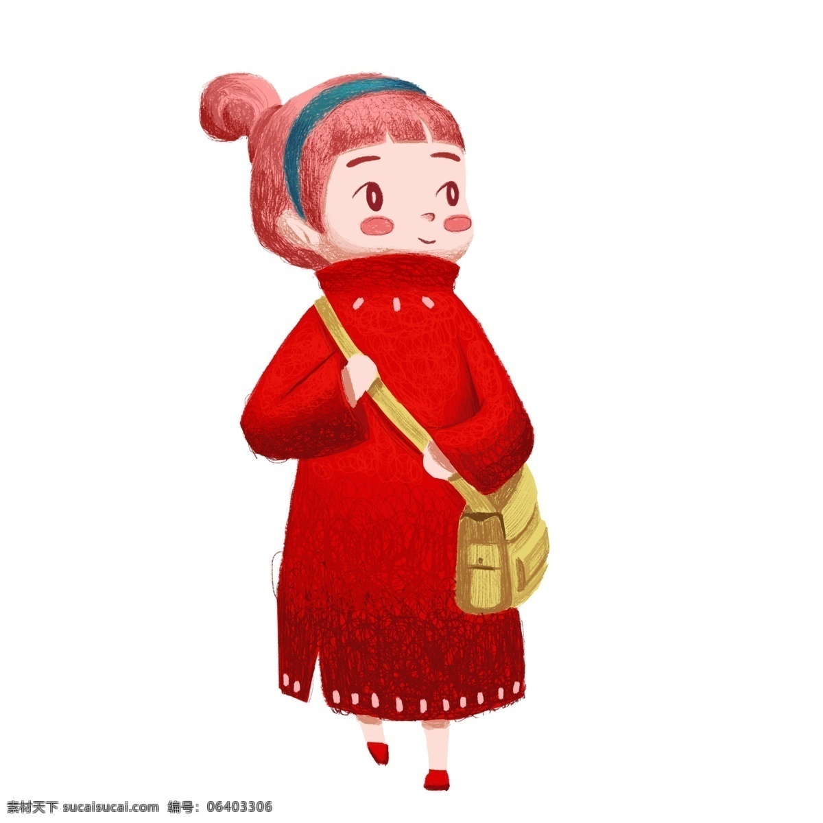 手绘 可爱 穿着 红色 长 毛衣 女孩 原创 元素 喜庆 设计元素 背包 原创元素