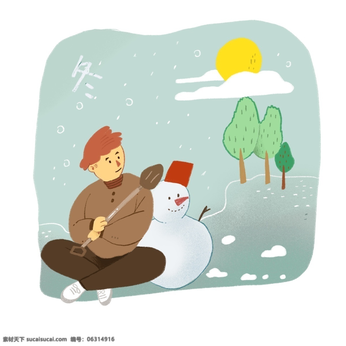 冬天 冬季 里 雪地 的卡 通 人物 传统 节日 卡通 复古 手绘 形象 氛围 寒冷