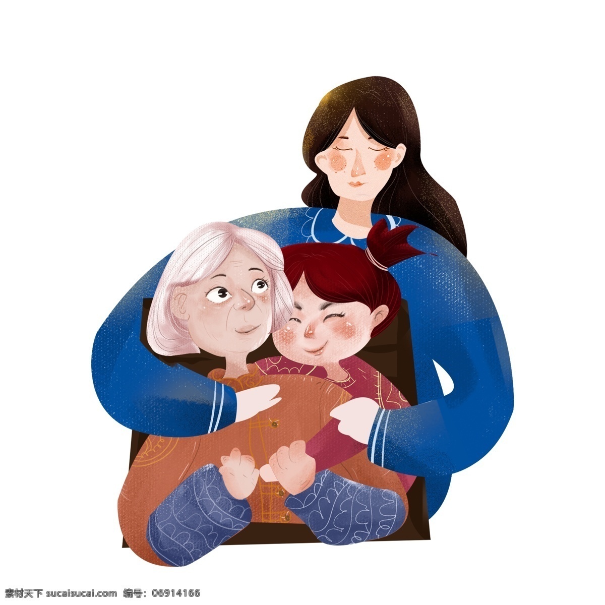復(fù)古 肌理 一家 三口 人物 卡通 復(fù)古肌理 插畫 一家三口 三代人 母親節(jié) 溫馨