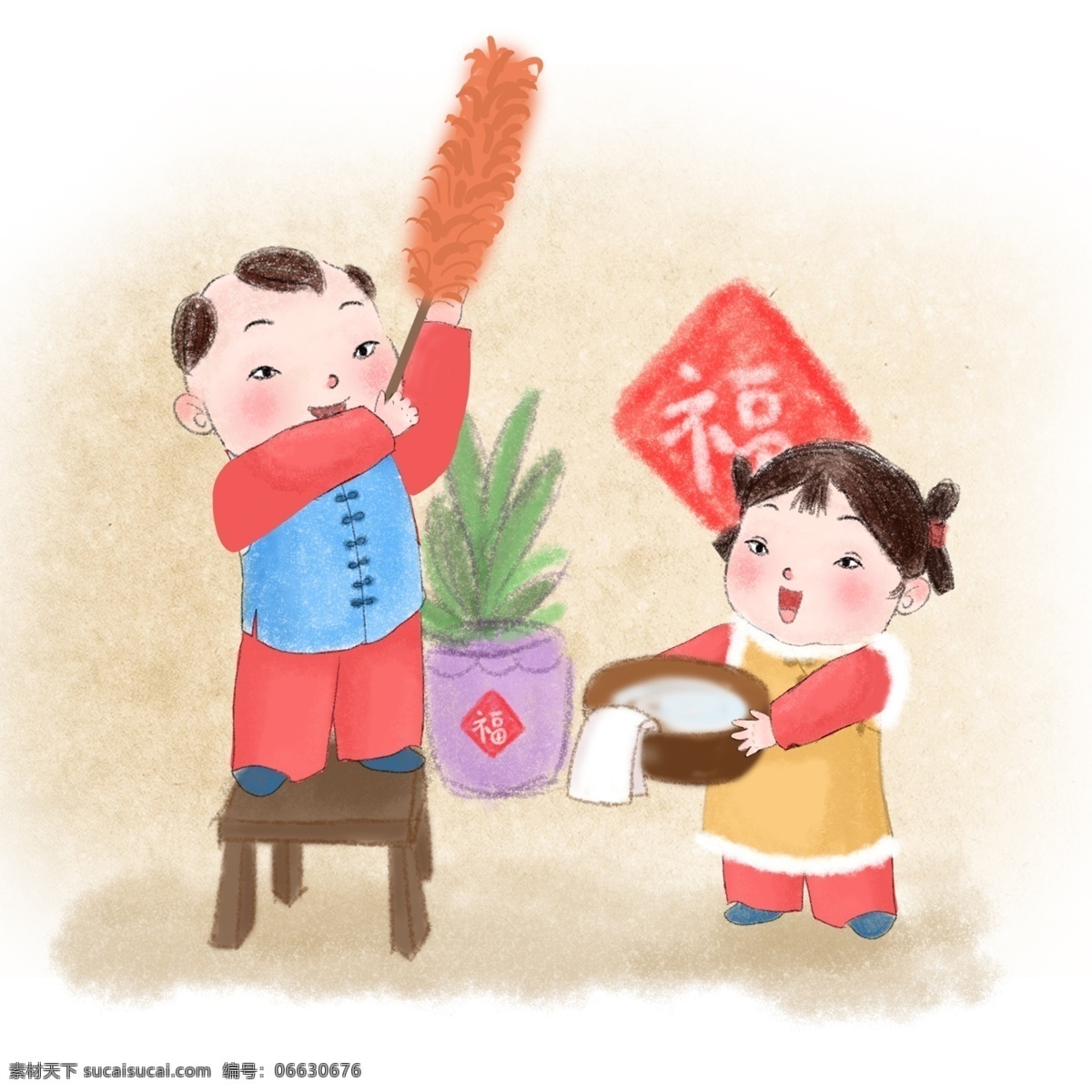 卡通 手绘 中国娃娃 大年 手绘复古风 国画风 水墨风 传统文化 打扫卫生 扫尘土 过大年 传统服装 中国风 福气