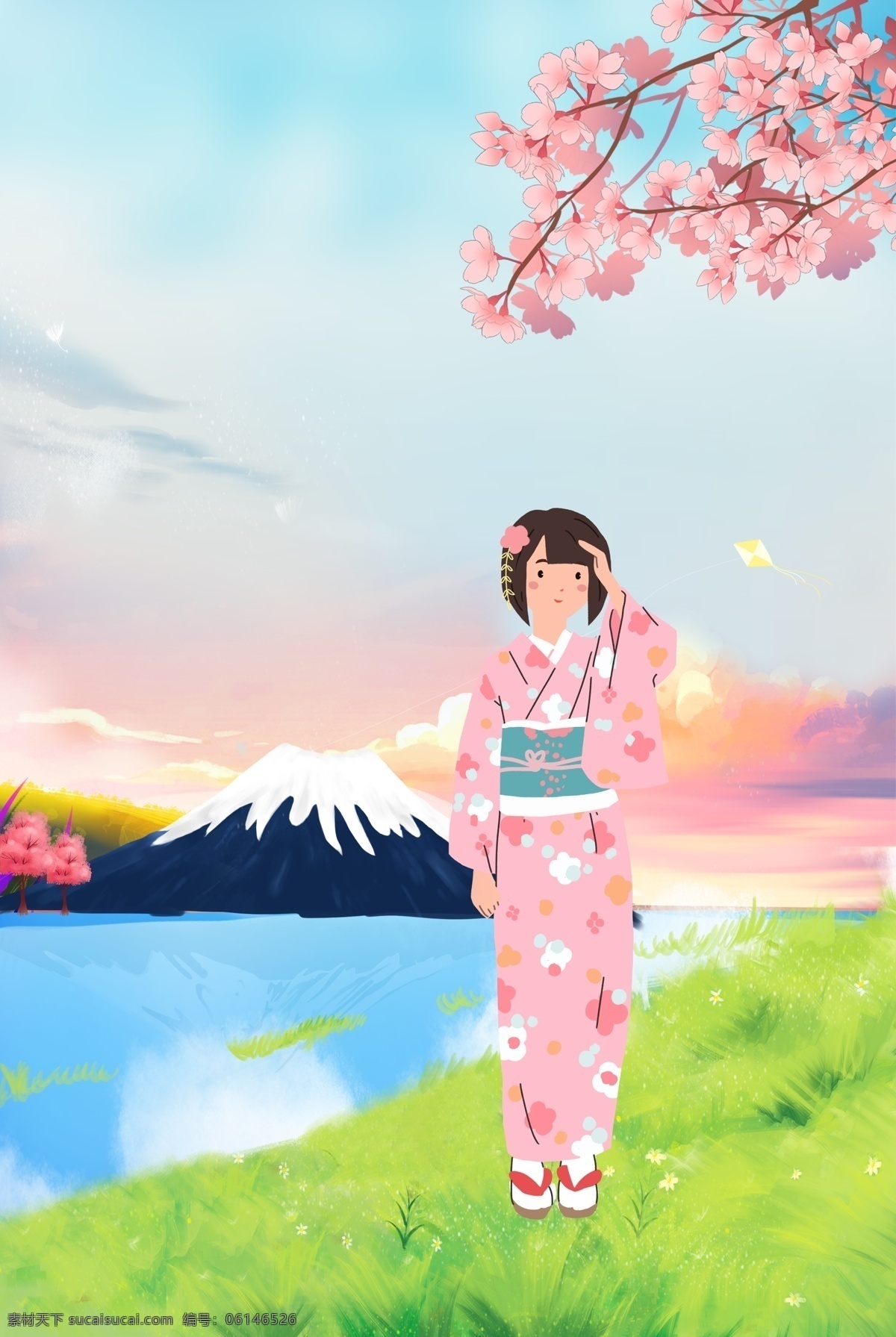 日本 和服 女孩 背景 海报 和服女孩 樱花 雪山 富士山 度假