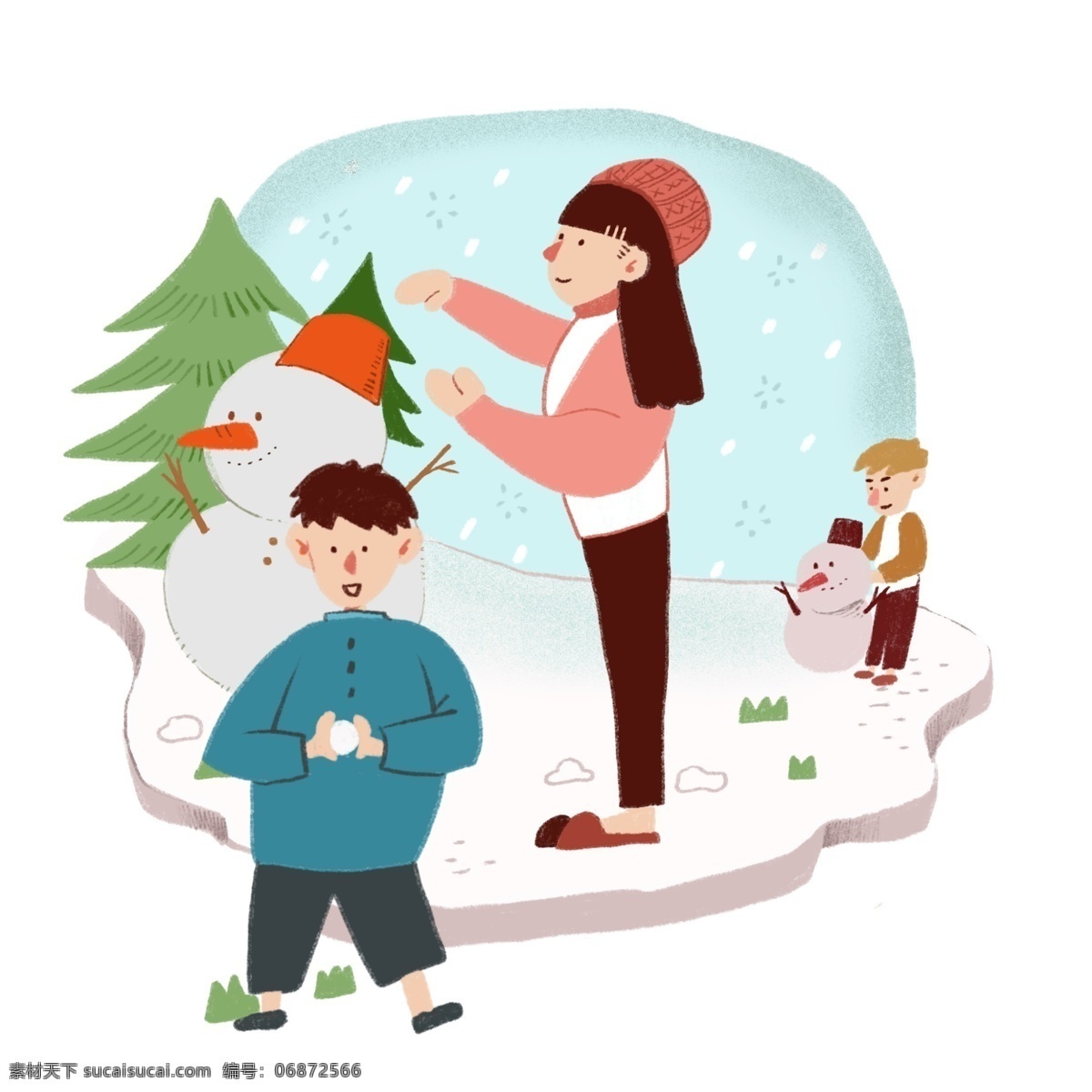 冬天 冬季 里 一起 堆 雪人 孩子 传统 复古 节日 堆雪人 孩子们 手绘 习俗 寒冷 氛围