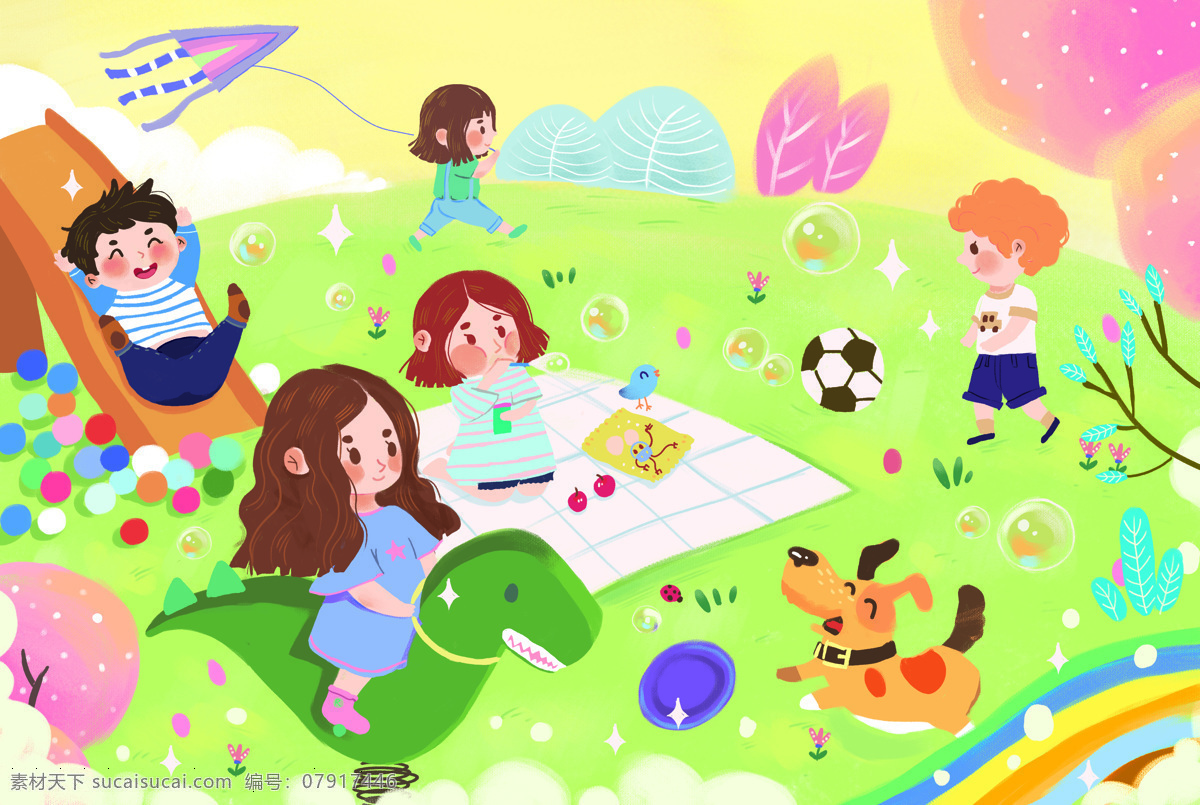 公園 玩耍 小孩 漫畫 草地 開心 卡通漫畫