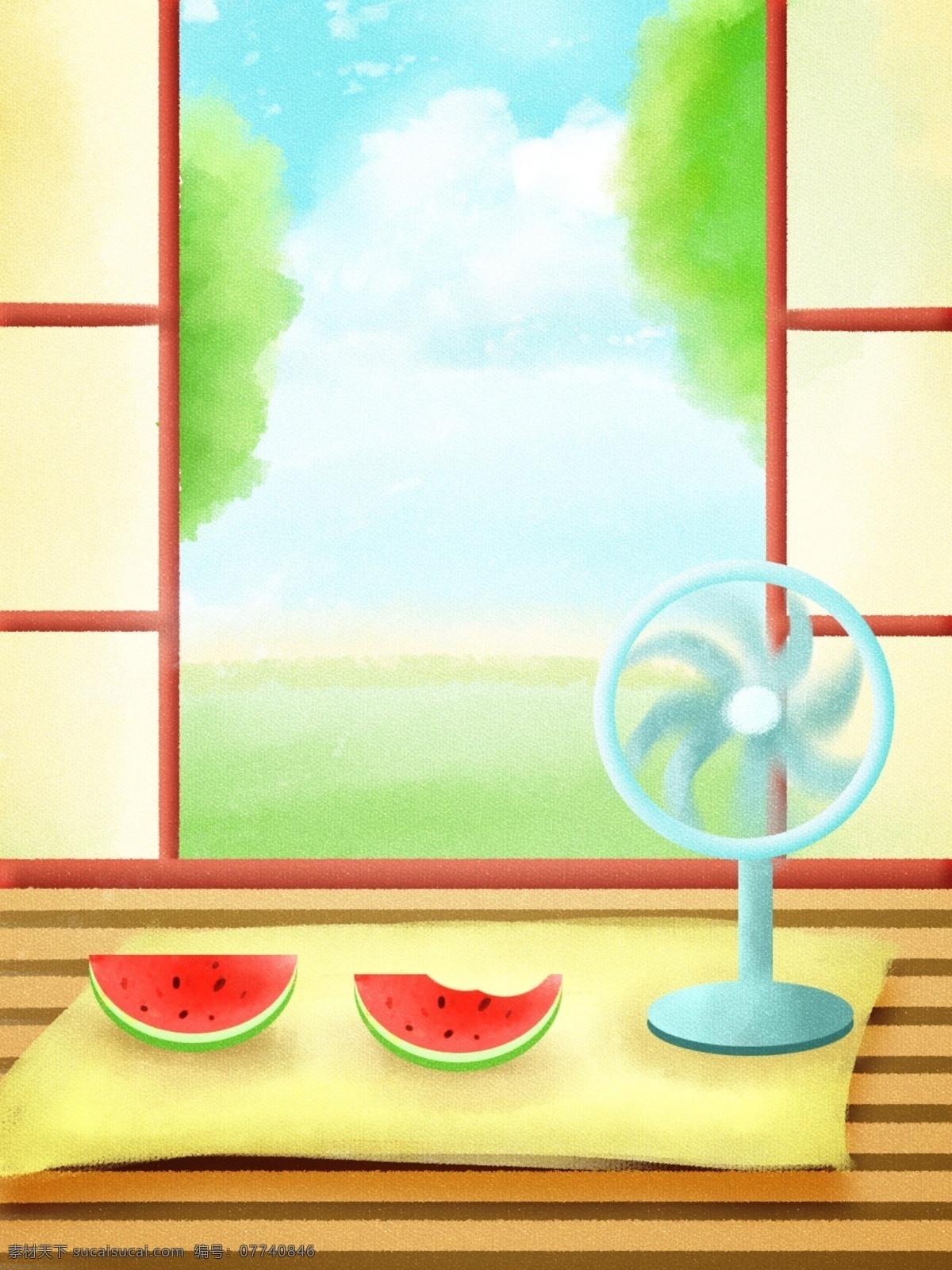 純 原創(chuàng) 手繪 卡通 夏天 家里 吃 西瓜 電風(fēng)扇 背景 房間背景 西瓜背景 卡通背景 插畫背景 手繪背景 場景背景 立夏 風(fēng)景背景 藍天白云