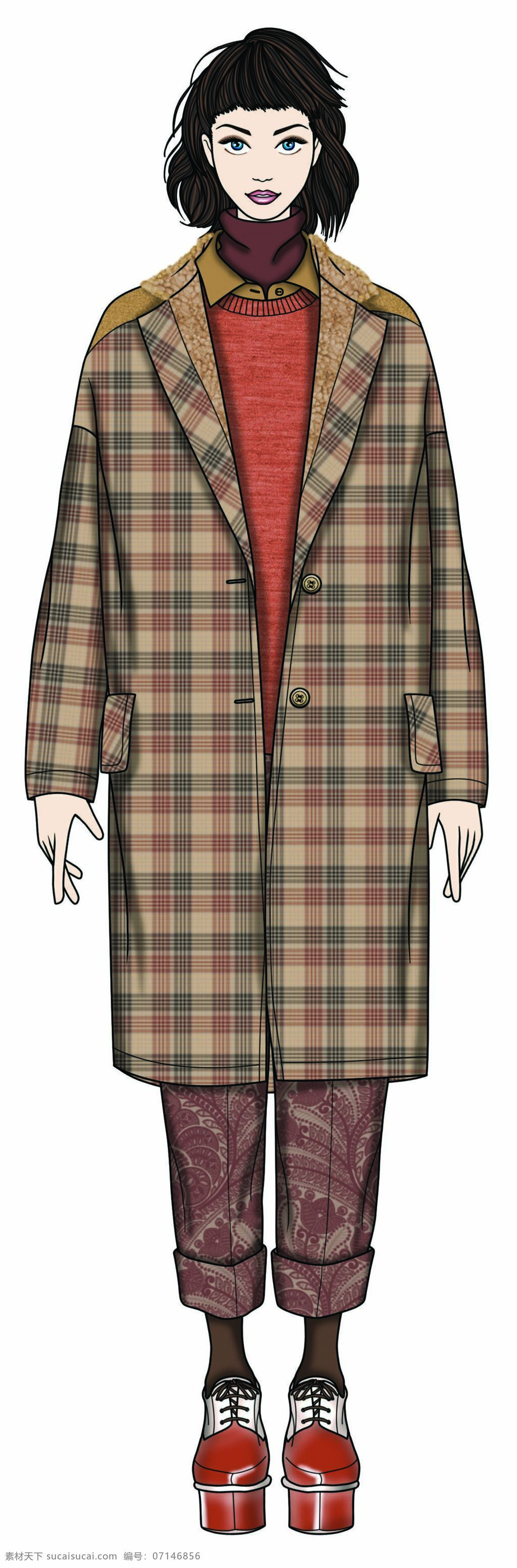 帥氣 格子 長(zhǎng) 風(fēng)衣 女裝 服裝 效果圖 服裝效果圖 格子風(fēng)衣 上衣