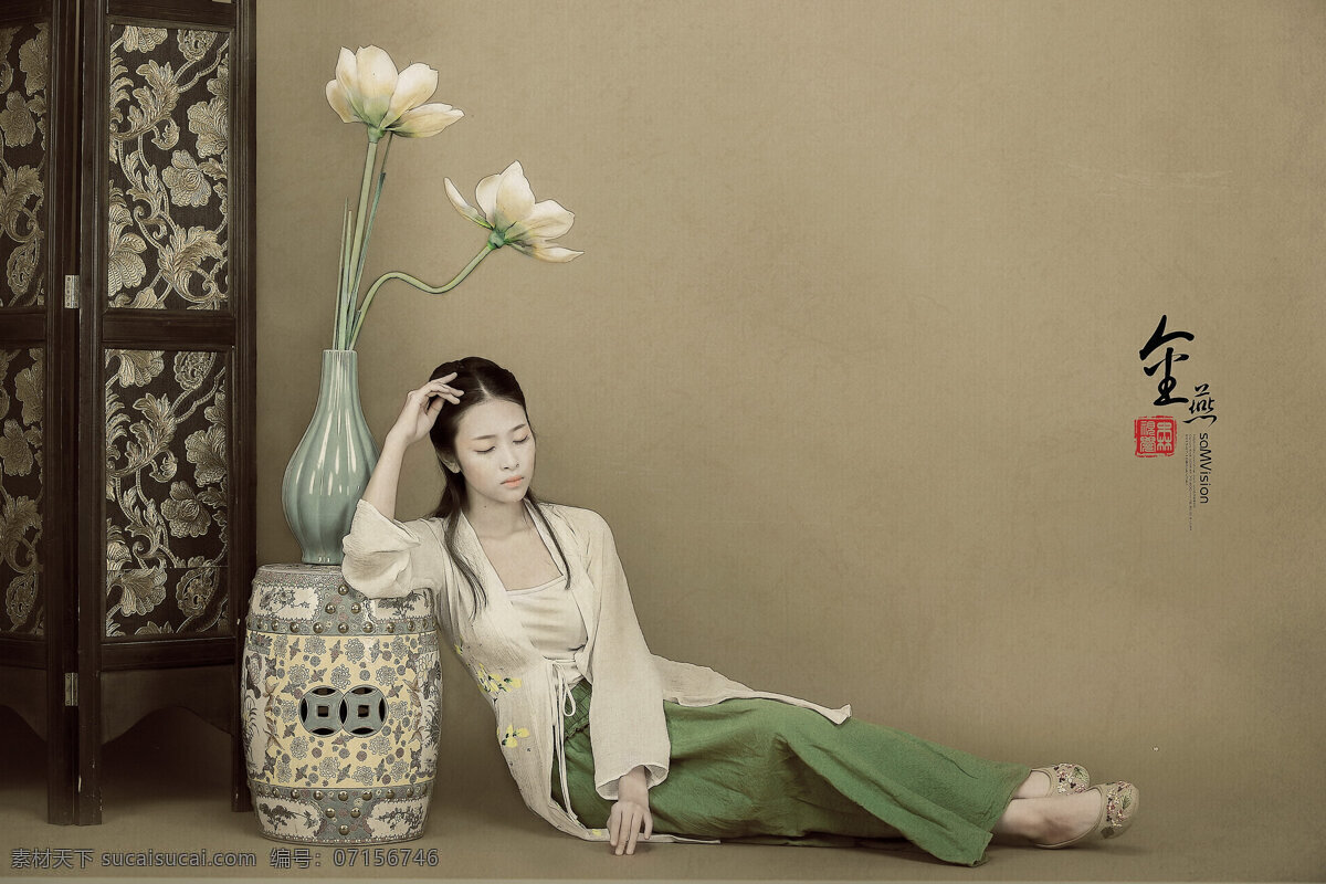 花瓶 花 畫 藝術(shù) 素雅畫 仿古畫 手繪 長方形 兩只花 荷花 古裝 美女 文化藝術(shù) 繪畫書法